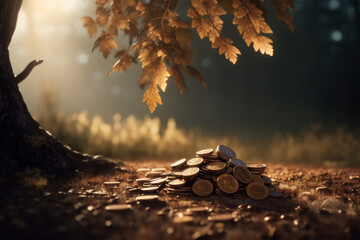 A pile of coins under a tree. Business concept, economy. AI generative.