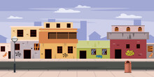 Vector Illustration Of A Poor District Of The City. Cartoon Scene Of A Cityscape With Houses, Whole And Boarded Up, Broken Windows, Walls, With Graffiti, A Road, A Bench, A Garbage Can, A Lamp Post.