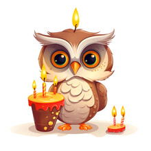 Cute Cartoon Owl With Candle And Cupcake. Vector Illustration.