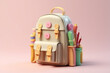 School backpack with stationery, a creative school time concept idea. Cute 3D icon in a cartoon plastic style in pastel colors. Generative AI 3d render illustration imitation.