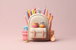 School backpack with stationery on flat pink background, a creative school time concept. Cute 3D icon in a cartoon plastic style in pastel colors. Generative AI 3d render illustration imitation.