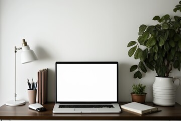 Wall Mural - modern laptop computer on a wooden des. generative ai