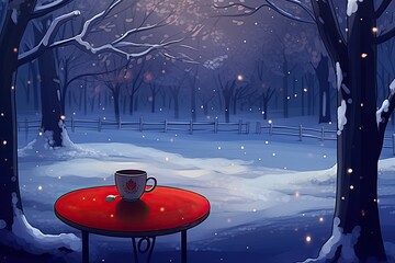 Poster - hot cup of coffee resting on a vibrant red table