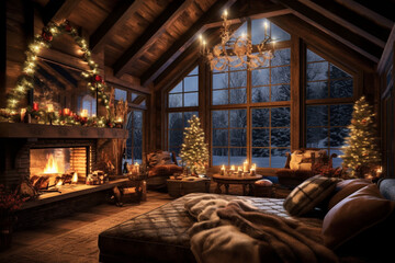 Wall Mural - Stylish living room decorated for Christmas with fireplace at night