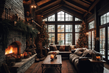 Wall Mural - Stylish living room decorated for Christmas with fireplace at night