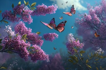 Wall Mural - Butterflies gracefully flying over a field of vibrant purple flowers. Generative AI