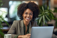 Black Woman Professional Working On A Laptop In An Office Setting, Dressed In Formal Attire. The Focus And Expertise On The Girl's Face, Coupled With The Clean And Modern. Generative AI Technology.