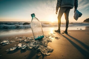 Sticker - person standing on a tropical beach holding a bottle of water. Generative AI