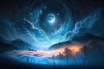 Canvas Print - full moon illuminating a cloudy night sky in a painting. Generative AI