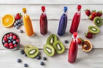 Poster - colorful spread of fresh fruits and juices on a table for a healthy lifestyle