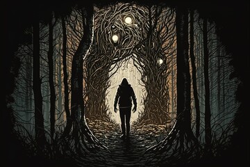 a silhouette of a man walks through a scary forest with monsters. AI generated