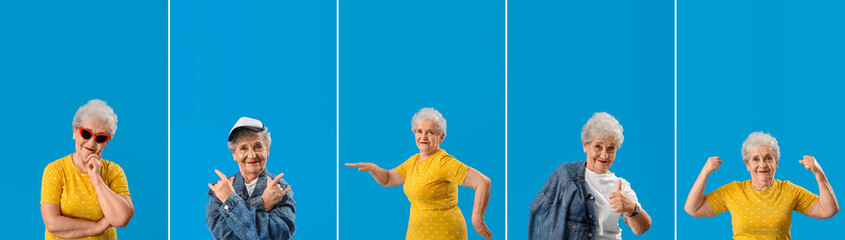 Wall Mural - Collage of stylish senior woman on light blue background