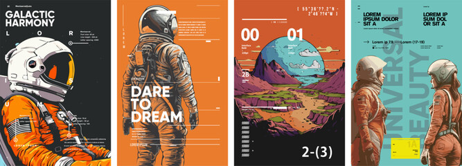 space. astronaut. set of vector posters. typography design and vectorized illustrations on the backg