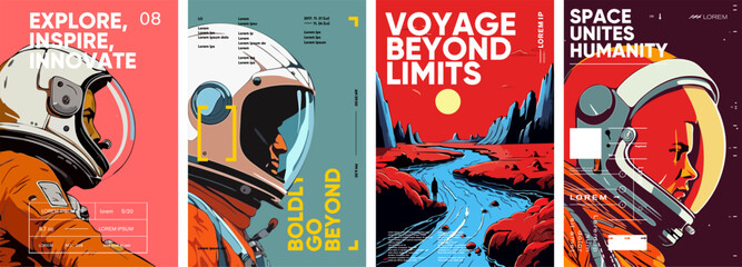 space. astronaut. set of vector posters. typography design and vectorized illustrations on the backg