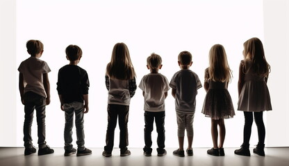 A playful group of young children standing together, facing a blank white background. Based on Generative Ai.