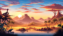 Fantasy Colorful Prehistoric Desert Landscape With Lake And Mountain - AI Generated