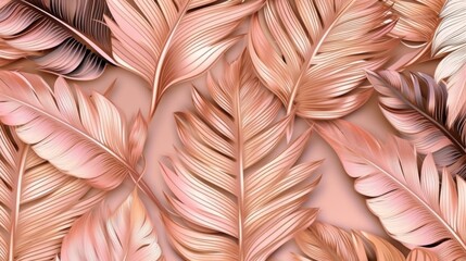 Wall Mural - Pink and golden luxury background with tropical leaves. Illustration AI Generative