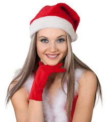 Wall Mural - Beautiful Woman with Santa Hat Resting Head on Hand - Isolated