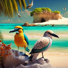 Wall Mural - Beautiful tropical island resort sea beach birds picture AI Generated Art