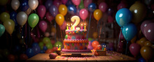Number 2 Candle On A Second Year Birthday Or Anniversary Cake Celebration With Balloons And Party Decoration As Banner With Copy Space Area - Generative AI