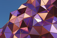Shiny Purple Geometric Structure Made Of Triangles With Golden Borders Under Blue Sky. Illustration As Design Element For Website Templates And Slide Show Backgrounds