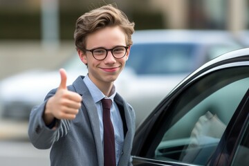 Poster - A teenager near his own car. The concept of independence. Background with selective focus. AI generated, human enhanced