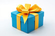 © Lana_M - Blue gift box with yellow, golden ribbon on white background Generative AI