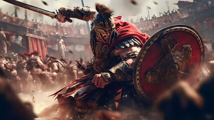 Wall Mural - a fierce gladiator attacking. An armoured roman gladiator in combat wielding a sword charging towards his enemy. Ancient Rome gladiatoral games in coliseum