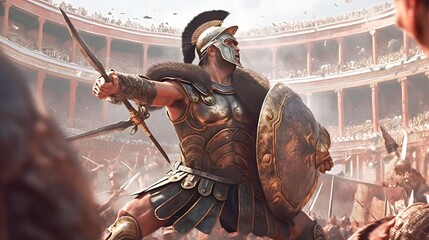 Wall Mural - a fierce gladiator attacking. An armoured roman gladiator in combat wielding a sword charging towards his enemy. Ancient Rome gladiatoral games in coliseum