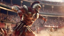 A Fierce Gladiator Attacking. An Armoured Roman Gladiator In Combat Wielding A Sword Charging Towards His Enemy. Ancient Rome Gladiatoral Games In Coliseum