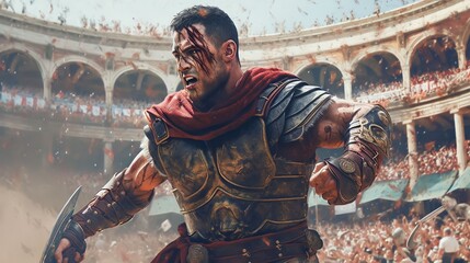 Wall Mural - a fierce gladiator attacking. An armoured roman gladiator in combat wielding a sword charging towards his enemy. Ancient Rome gladiatoral games in coliseum