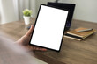 © onephoto - man hand holding digital tablet touch white screen device isolated screen ONLINE ADVERTISING communication empty space frame mockup, internet touchpad touchscreen information ipad.