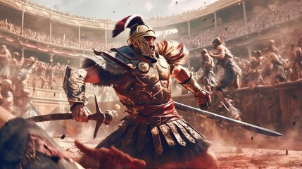 Wall Mural - a fierce gladiator attacking. An armoured roman gladiator in combat wielding a sword charging towards his enemy. Ancient Rome gladiatoral games in coliseum