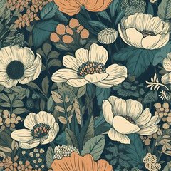 Wall Mural - A bunch of flowers that are on a blue background. Generative AI. Seamless pattern.