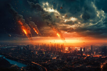 Falls Of Meteorites On The Metropolis. Dramatic Apocalyptic Background. Generative Ai