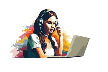 illustration, young customer service representative working in front of a computer, minimalist on a white background. generative ai
