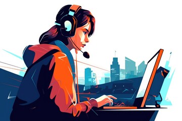 illustration, young customer service representative working in front of a computer, minimalist on a white background. generative ai