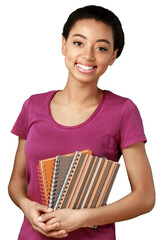 Wall Mural - Portrait of beautiful young woman smiling and holding books