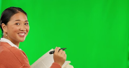 Poster - Asian woman, teacher and writing with pen on green screen or mockup for lesson against a studio background. Portrait of happy female person write, drawing or read for question, learning or education