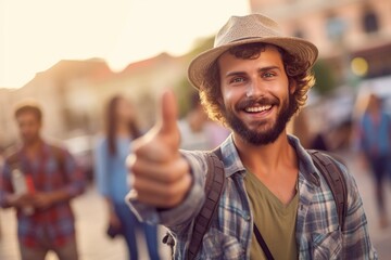 A young man gives us a thumbs up, in the middle of a trip on the street.