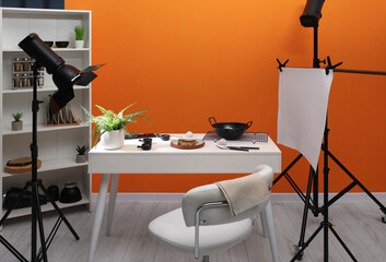 Professional equipment and composition with delicious meat medallion on white table in studio. Food photography