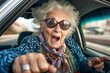 © Road Red Runner - Elderly senior woman driving her own car. AI generated.