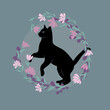 Dekoracyjna grafika z bawiącym się uroczym kotem. Kwiatowa ramka i czarny kot. Ilustracja wektorowa.