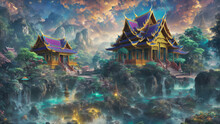 Perched Upon The Cascading Waterfall The Temple Emerges Of Serenity And Spiritual Grace Embraced By The Breathtaking Beauty Of The Surrounding Mountains And The Vast Expanse Of The Sky Above.