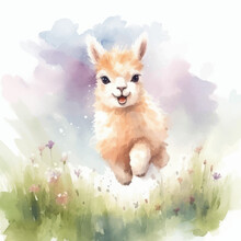 Cute Alpaca Cartoon In Watercolor Painting Style