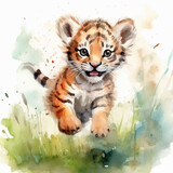 Fototapeta Pokój dzieciecy - Cute baby tiger cartoon in watercolor style