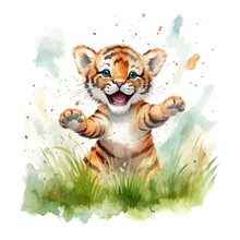 Cute Baby Tiger Cartoon In Watercolor Style