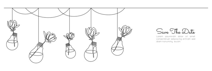 Aufkleber - One continuous line drawing of wedding flower decor. Romantic elegance concept with floral composition in light bulb glass vases invitation in simple linear style. Editable stroke. Doodle vector