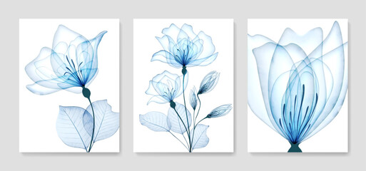 Wall Mural - luxurious abstract set with blue transparent flowers roses in a watercolor style. hand drawn botanic