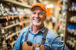 Smiling and happy hardware store worker, generative ai